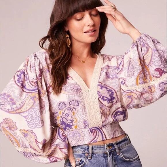NEW Band of the Free Mirabelle Crop Top Size L Cream Purple Paisley Lace NWT - Picture 3 of 15